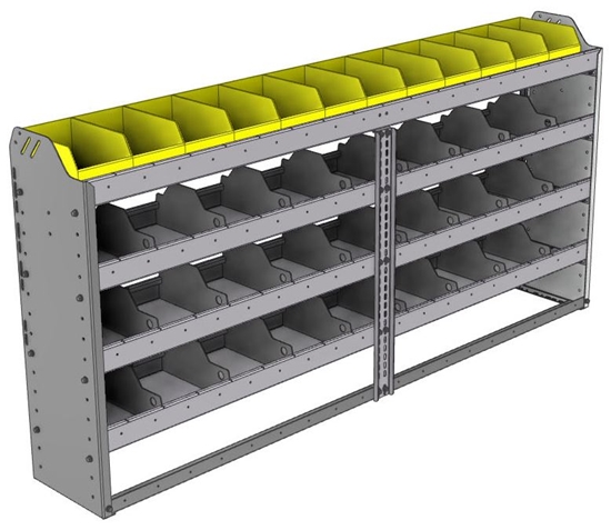 24-7136-4 Square back bin separator combo shelf unit 75"Wide x 11.5"Deep x 36"High with 4 shelves
