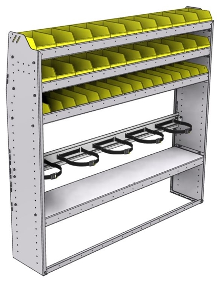 37-6363-4 Profiled back refrigerant bin unit 67"Wide x 13.5"Deep x 63"High with 3 shelves